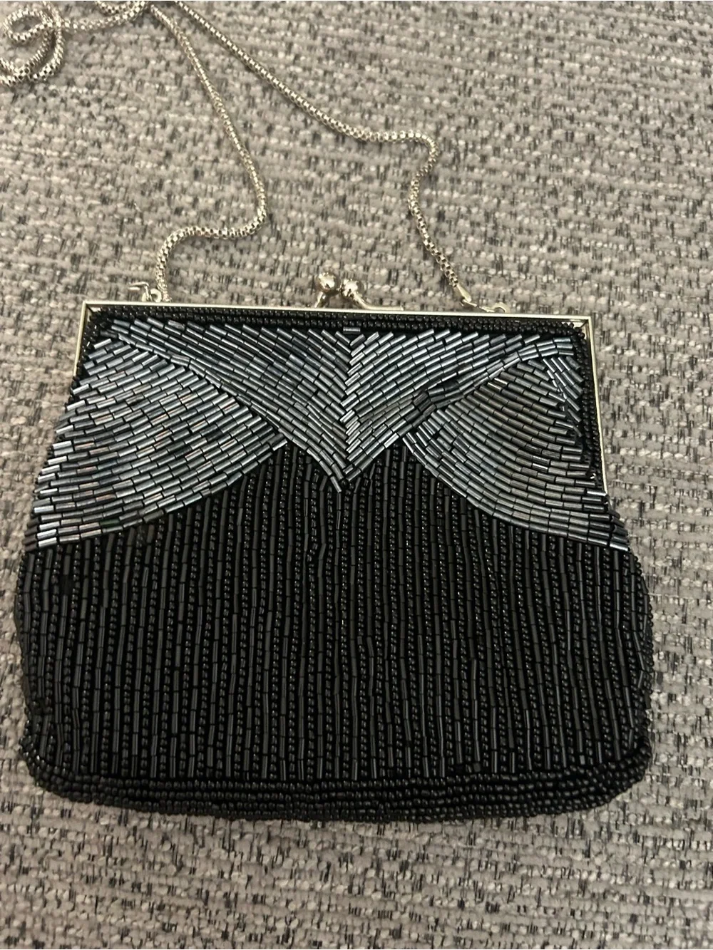 Elegant Black Beaded Evening Clutch with Silver Accents